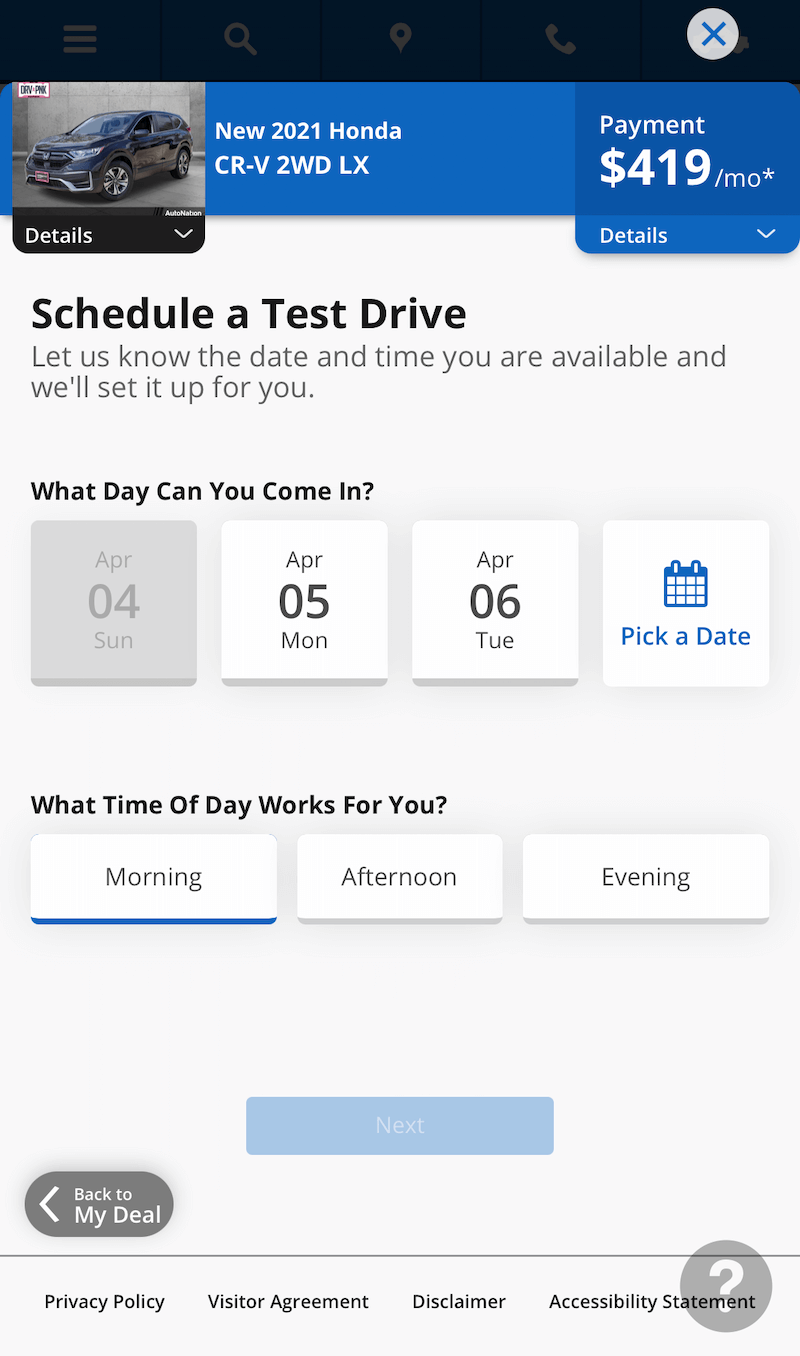 AutoNation Express schedule a test drive screen on a mobile device