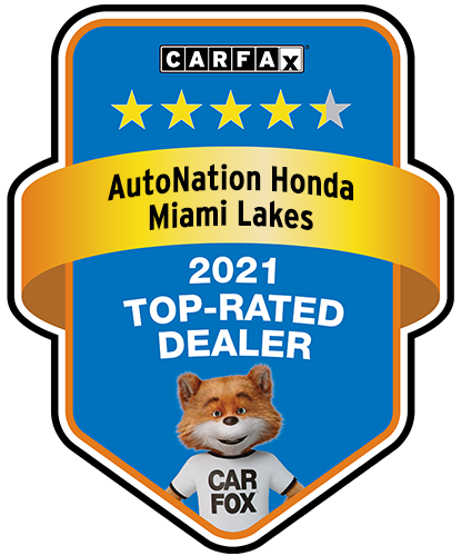 AutoNation Honda Miami Lakes Recognized as a CARFAX Top-Rated Dealer 2021 CARFAX Top-Rated Dealer badge