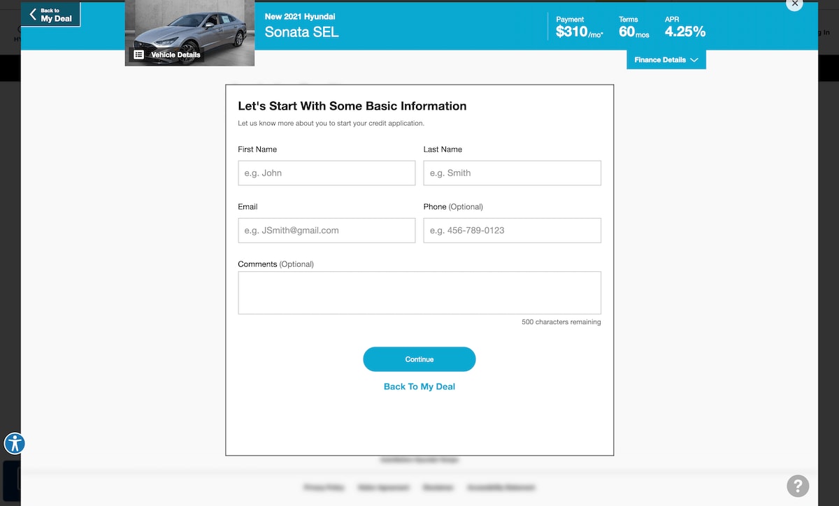 AutoNation Express apply for financing screen on desktop