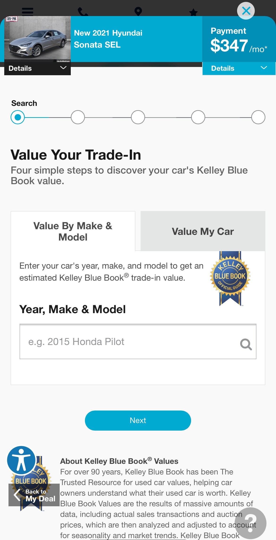 AutoNation Express value your trade-in screen on a mobile device