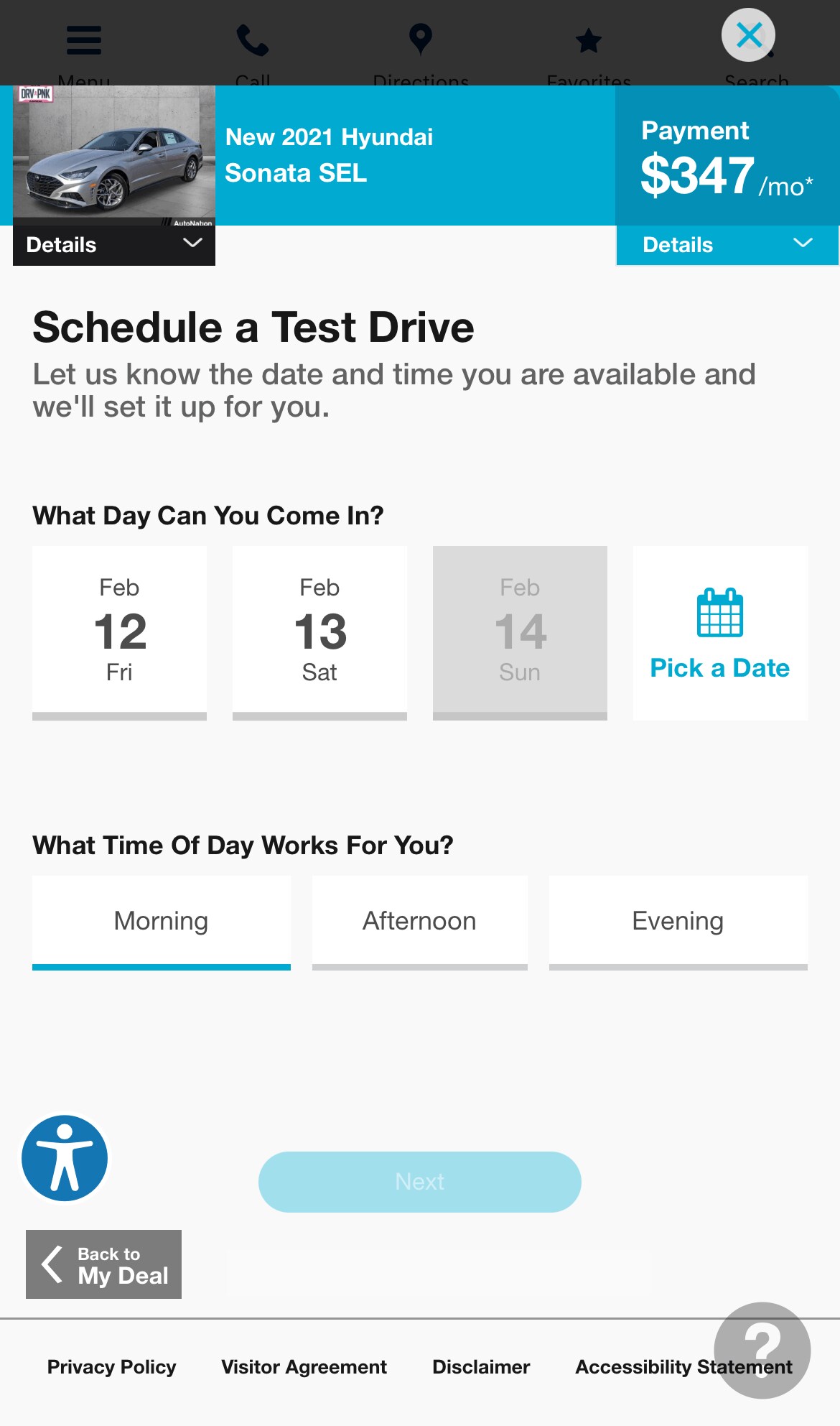 AutoNation Express schedule a test drive screen on a mobile device