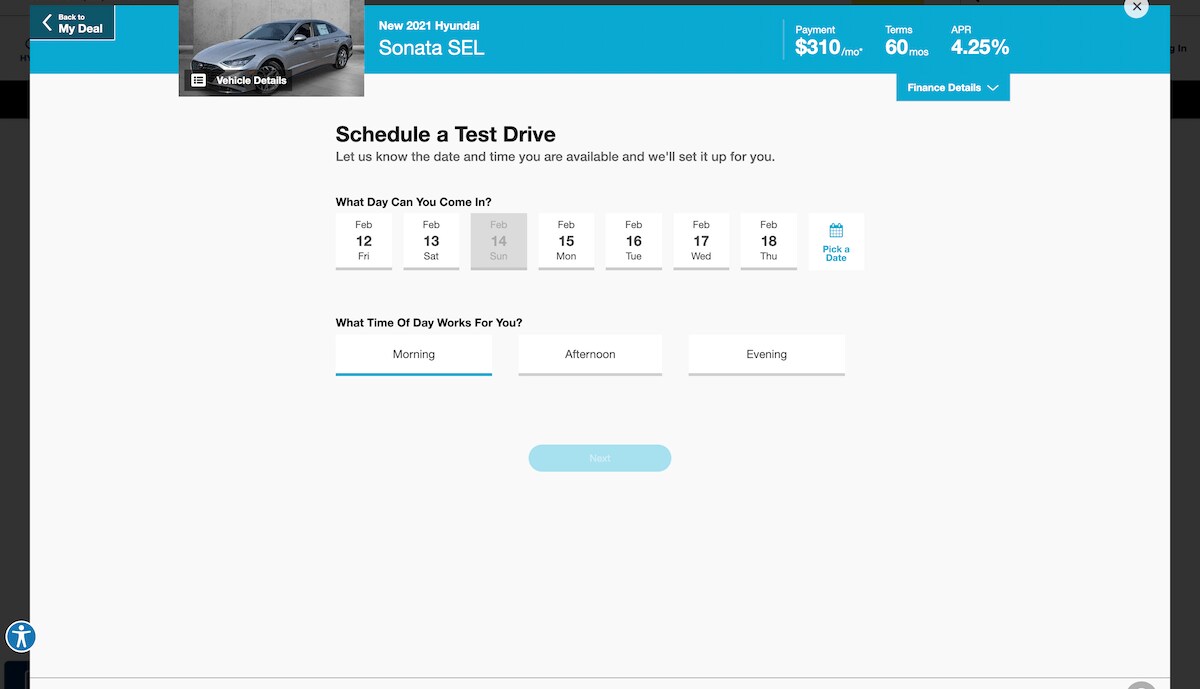 AutoNation Express schedule a test drive screen on desktop
