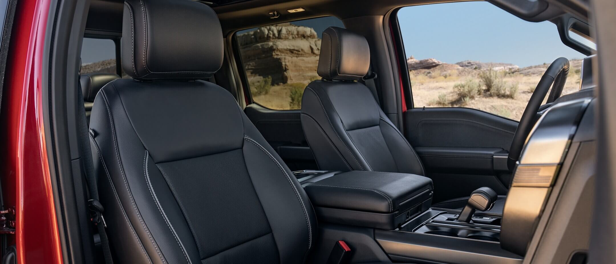 Learn about the features of the interior of the Ford F-150 Interior shot of a Ford F-150's interior, showing the front passenger and driver's seat