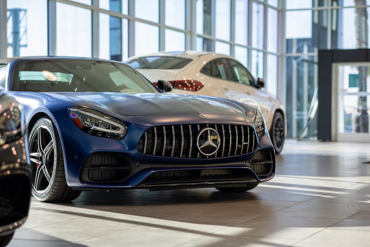 New Mercedes-Benz vehicles in a showroom