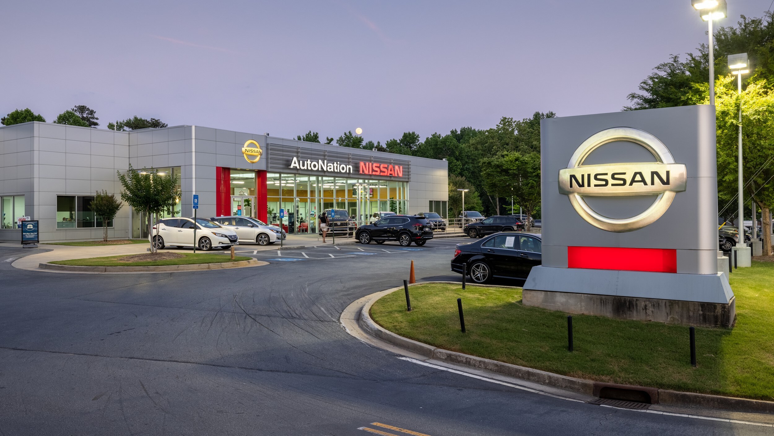 AutoNation Nissan Marietta is your Marietta, GA home for all your Nissan financing, purchasing, and service needs Exterior view of AutoNation Nissan Marietta during the evening