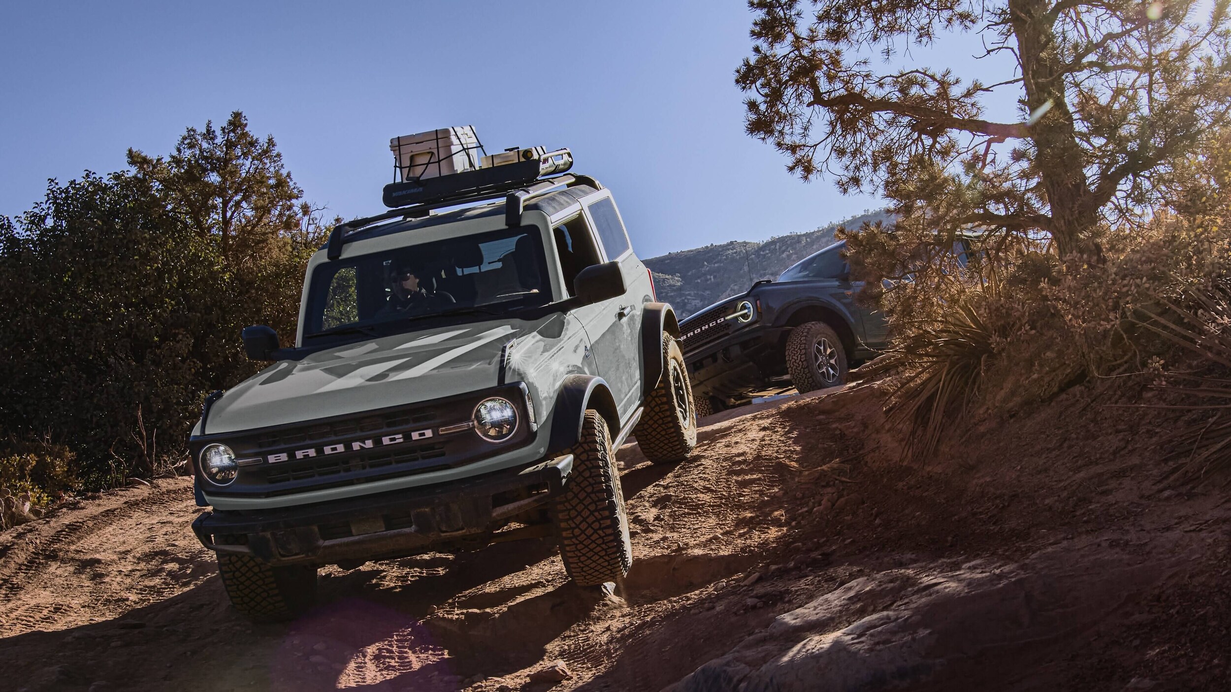 Learn about Hill Descent Control™ available on Ford models like the Ford Bronco Ford Bronco traveling down a steep hill