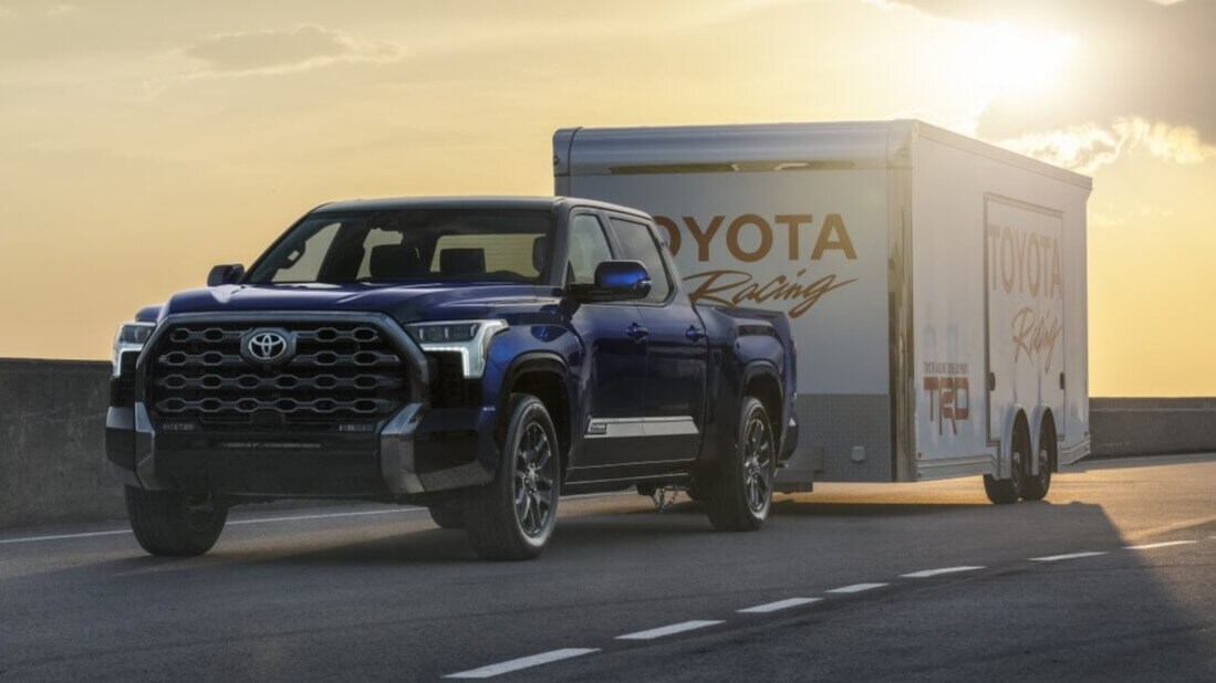 Learn about the towing capacities of the Toyota Tundra Toyota Tundra towing a Toyota Racing-branded trailer
