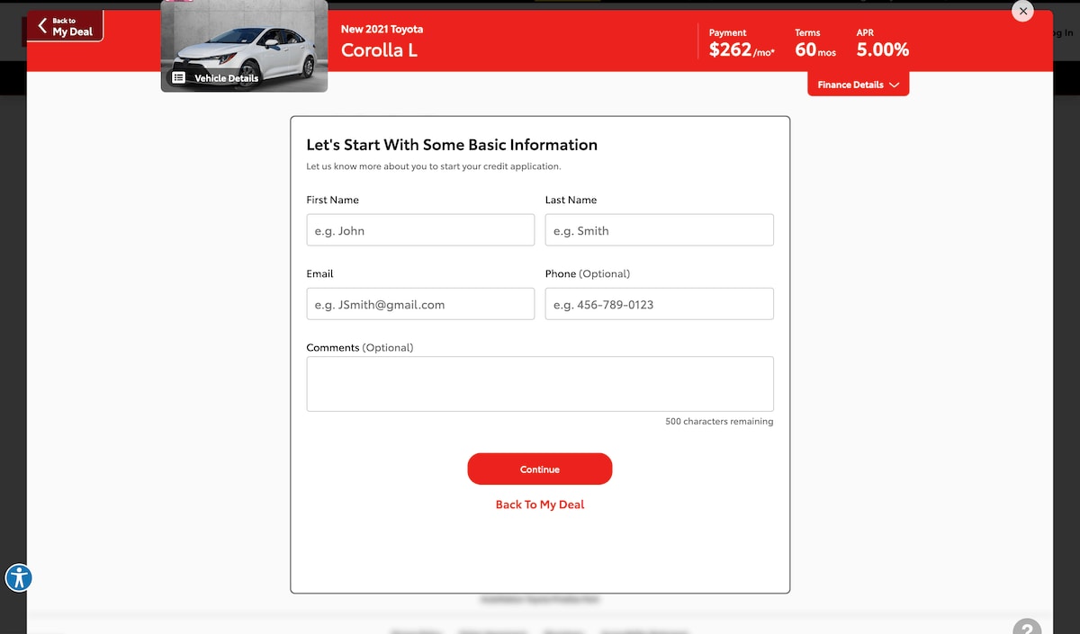 AutoNation Express apply for financing screen on desktop