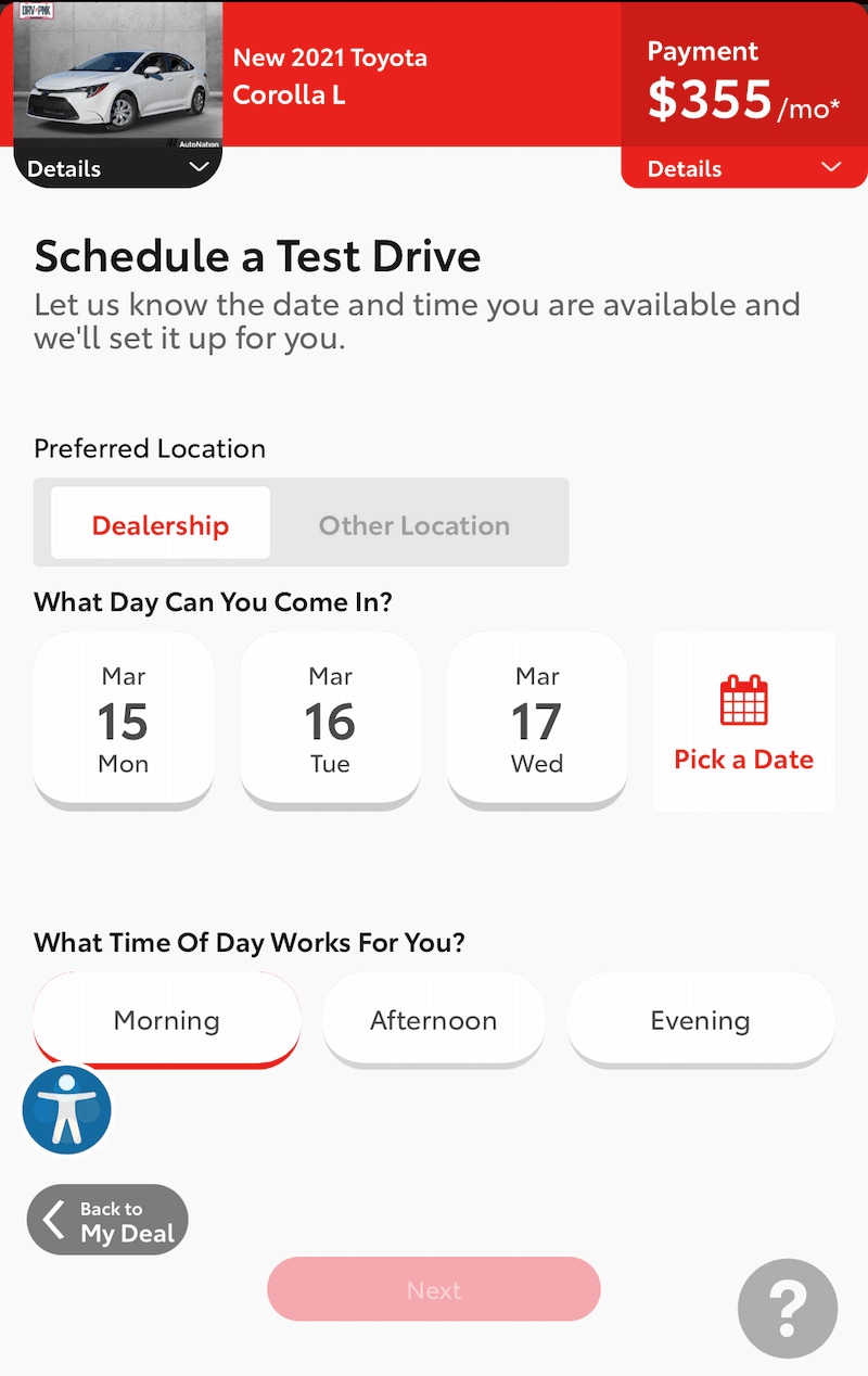 AutoNation Express schedule a test drive screen on a mobile device