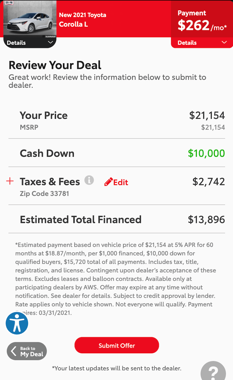 AutoNation Express finalize your deal screen on a mobile device