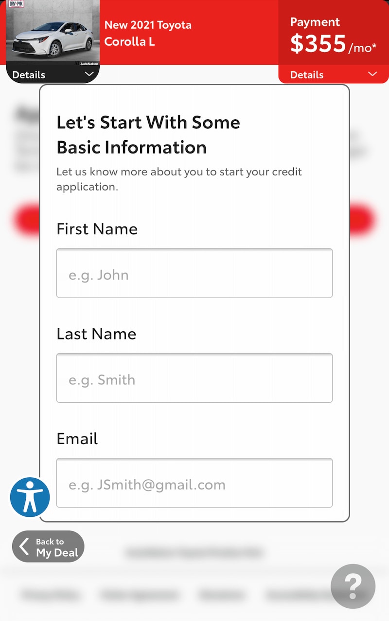AutoNation Express apply for financing screen on a mobile device