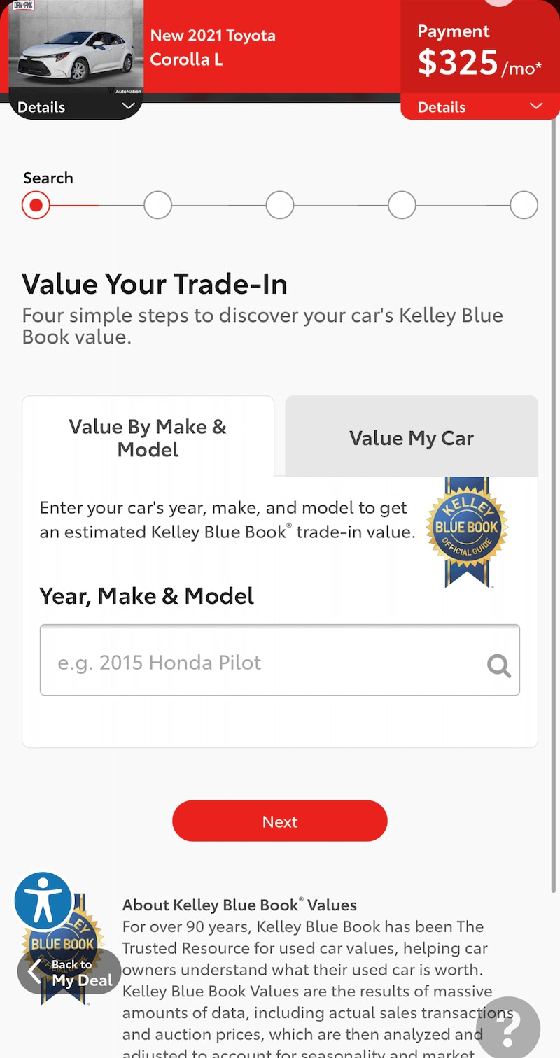 AutoNation Express value your trade-in screen on a mobile device
