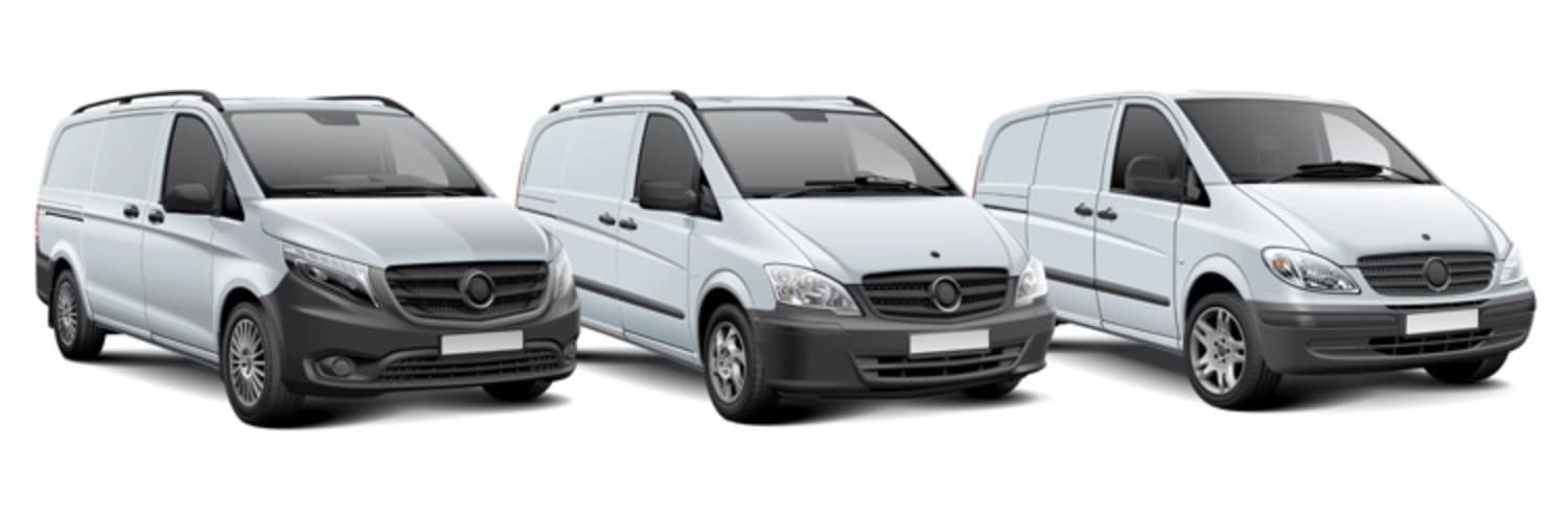 A rendering of three white work vans