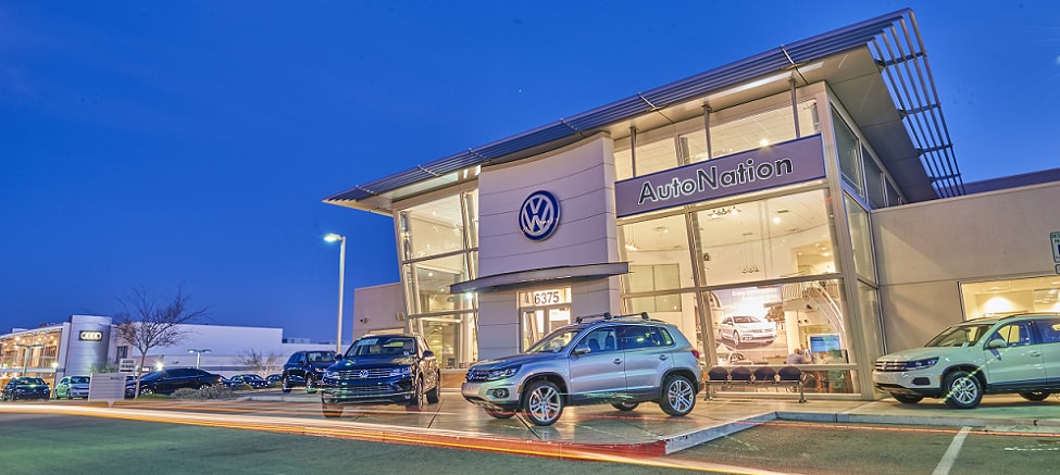 About AutoNation Volkswagen Las Vegas Exterior entrance to AutoNation Volkswagen Las Vegas dealer during the day