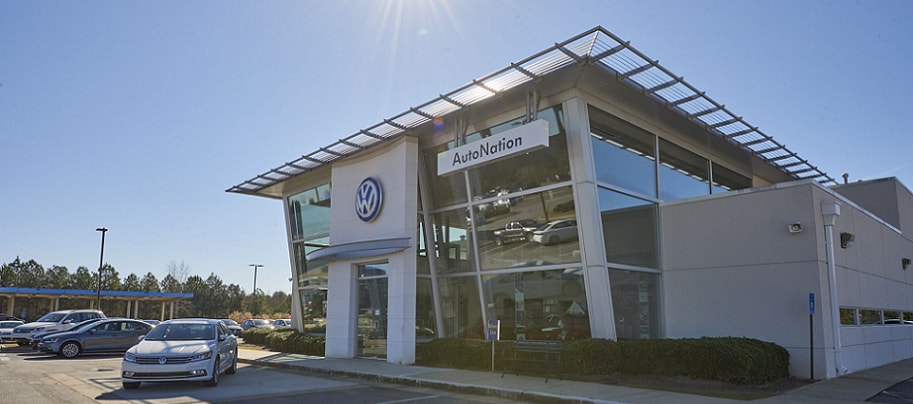 About AutoNation VW Columbus Exterior entrance to AutoNation Volkswagen Columbus dealer during the day