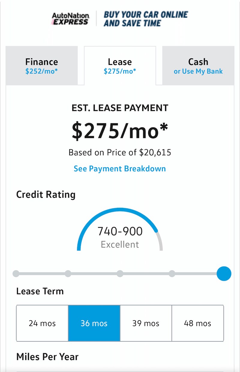 AutoNation Express payment calculator on a mobile device