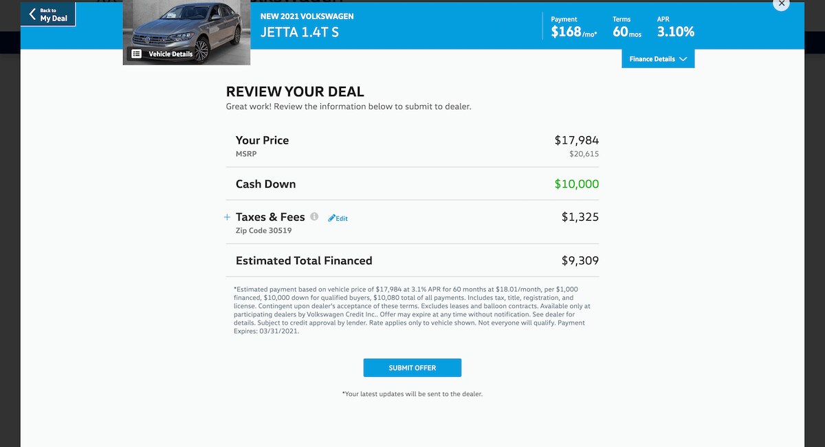 AutoNation Express finalize your deal screen on desktop