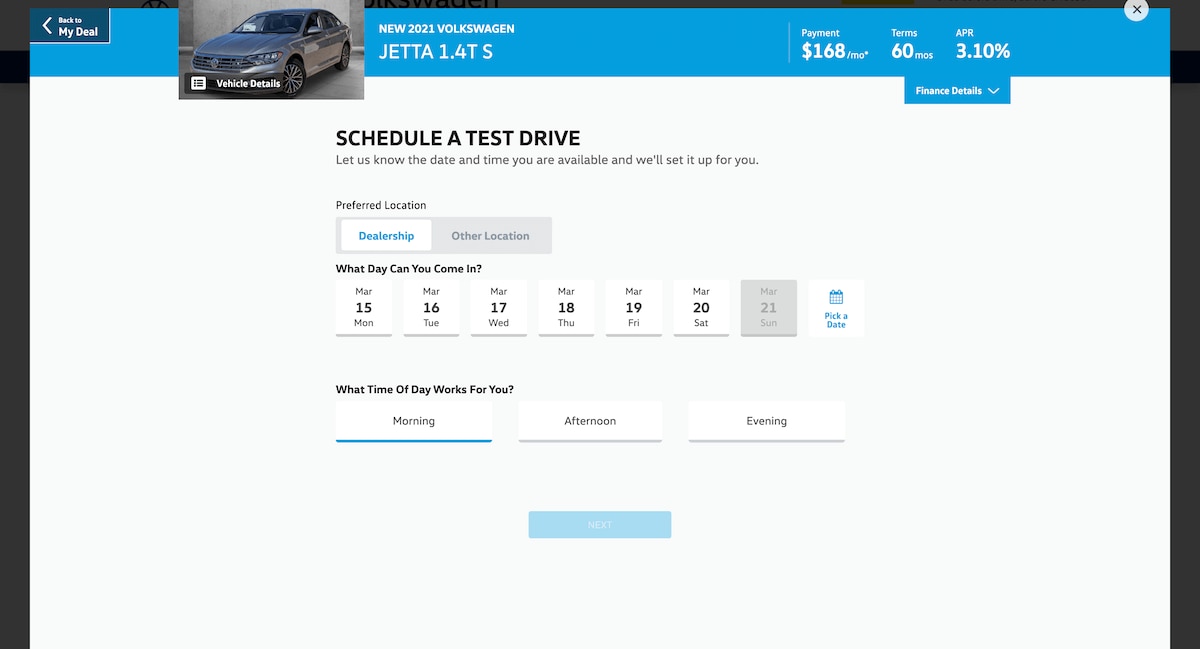 AutoNation Express schedule a test drive screen on desktop