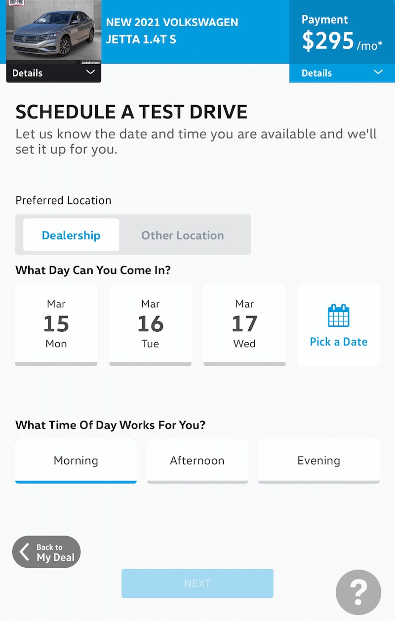 AutoNation Express schedule a test drive screen on a mobile device