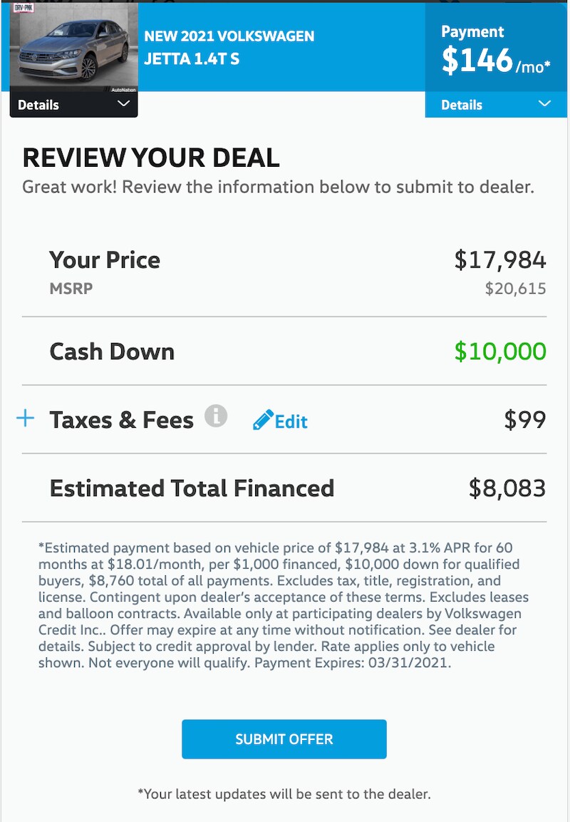AutoNation Express finalize your deal screen on a mobile device