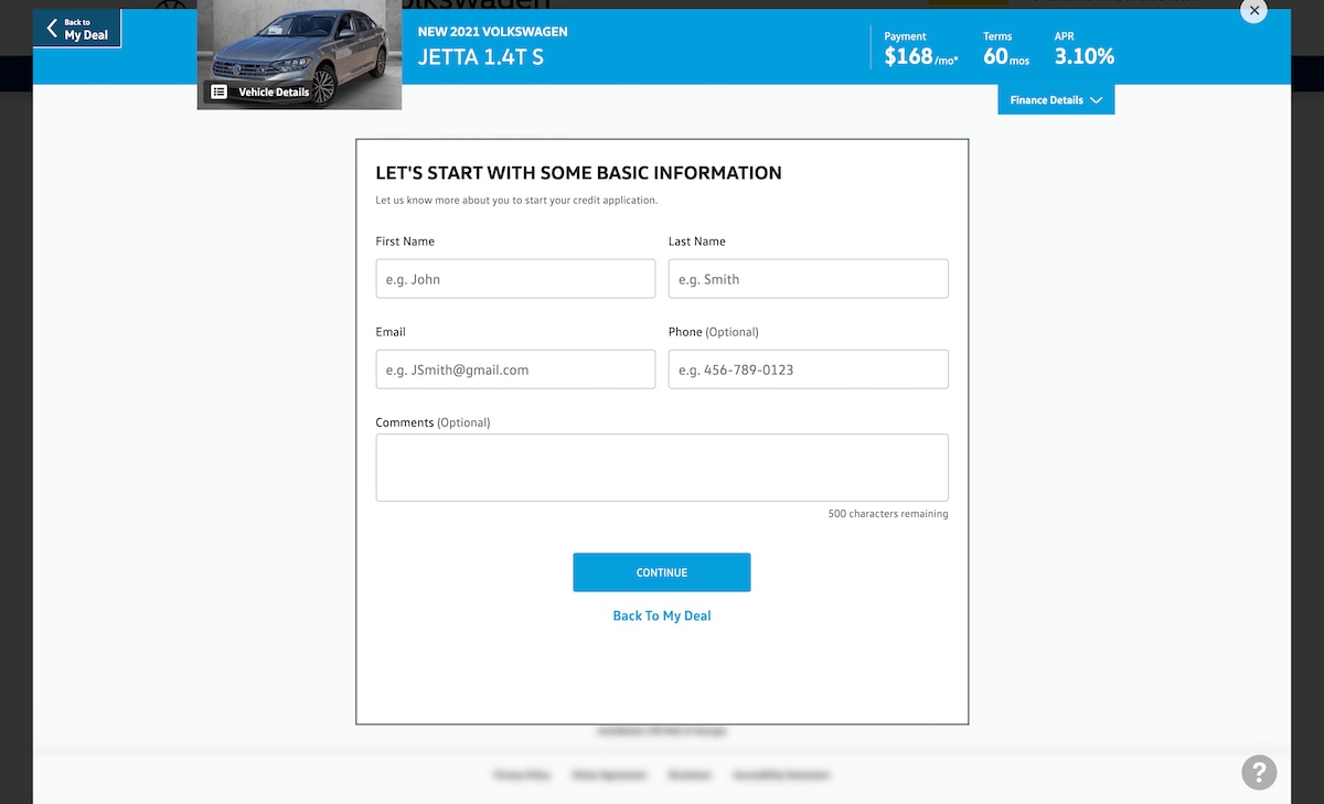 AutoNation Express apply for financing screen on desktop