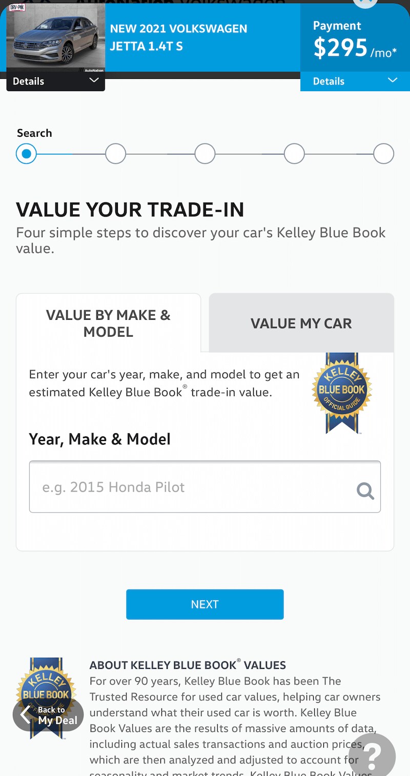 AutoNation Express value your trade-in screen on a mobile device