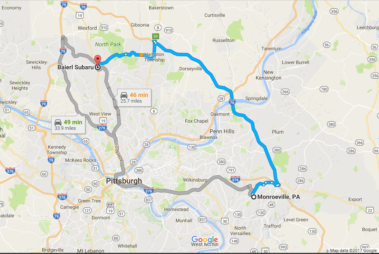monroeville to baierl subaru directions.PNG