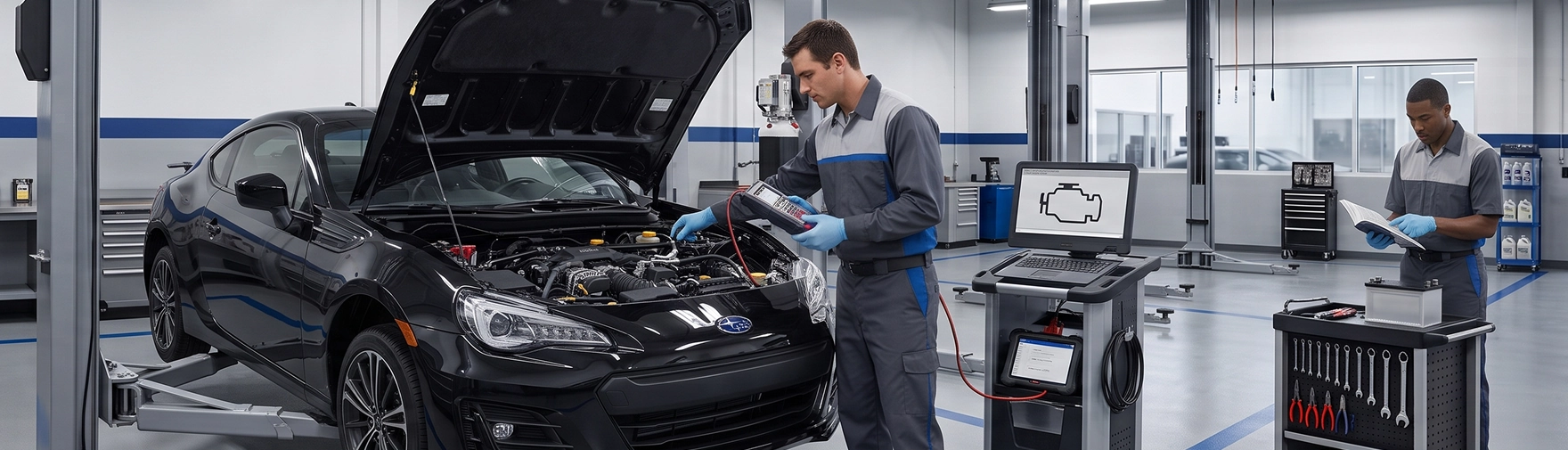 A black Subaru BRZ with its hood raised while a Baldwin Subaru technician takes a reading with a handheld diagnostic tool, a check engine icon shown on the bay monitor