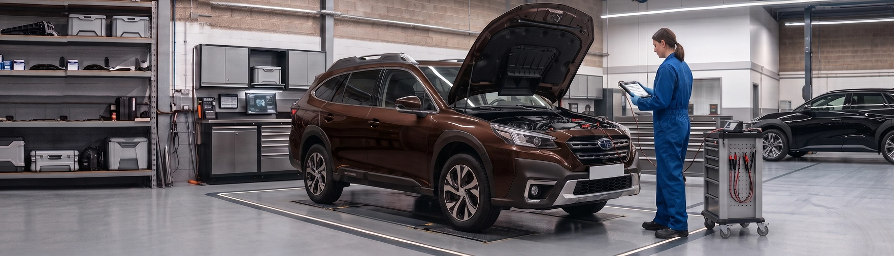 A brown Subaru Outback with its hood raised on the diagnostic pad while a Baldwin Subaru technician reads results on a tablet connected to the car