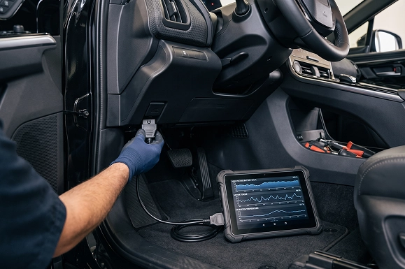 A close-up of a gloved Baldwin Subaru technician plugging a diagnostic scanner into a Subaru's OBD port, a tablet showing live readings on the floor beside it
