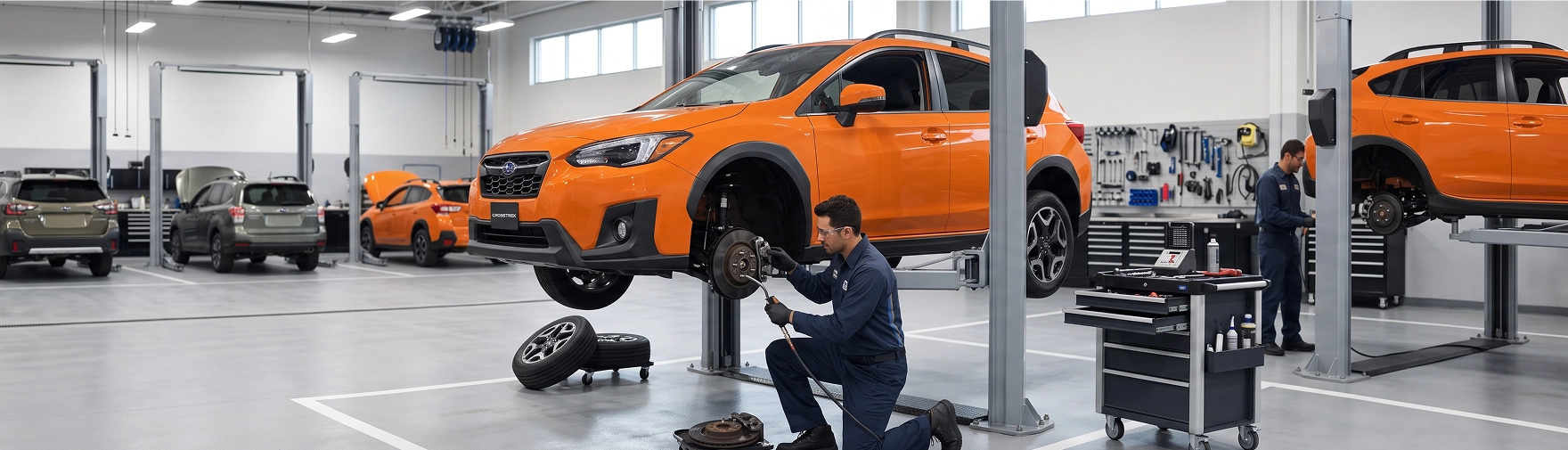 An orange Subaru Crosstrek raised on a two-post lift while a Baldwin Subaru technician kneels at the exposed front brake, the removed wheel and a hub assembly on the floor beside him