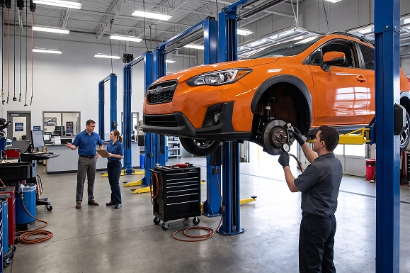 An orange Subaru Crosstrek on a blue two-post lift while a Baldwin Subaru technician inspects the exposed front brake rotor, with two staff members talking across the shop