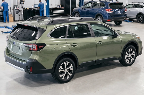 A green Subaru Outback seen from the rear three-quarter in the Baldwin Subaru workshop, with technicians working at the bays behind it