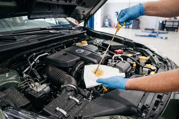 A close-up of a gloved Baldwin Subaru technician wiping the dipstick from a Subaru's engine to check the oil level