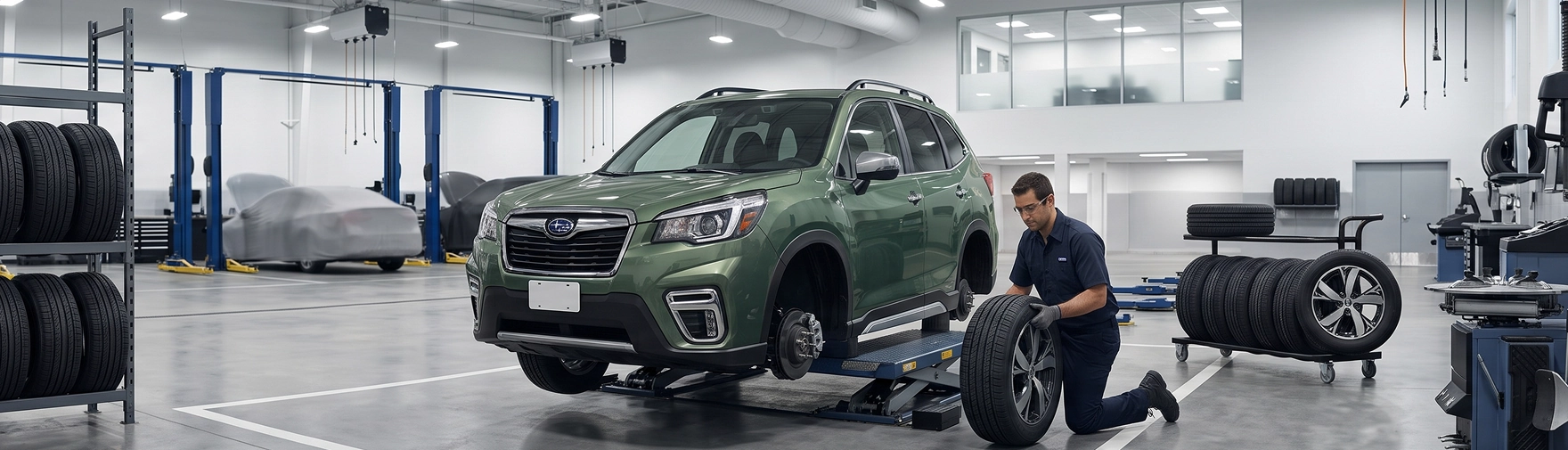 A green Subaru Forester on a low-rise lift at Baldwin Subaru while a technician kneels beside it holding a wheel, with racks of new tires lining the shop wall