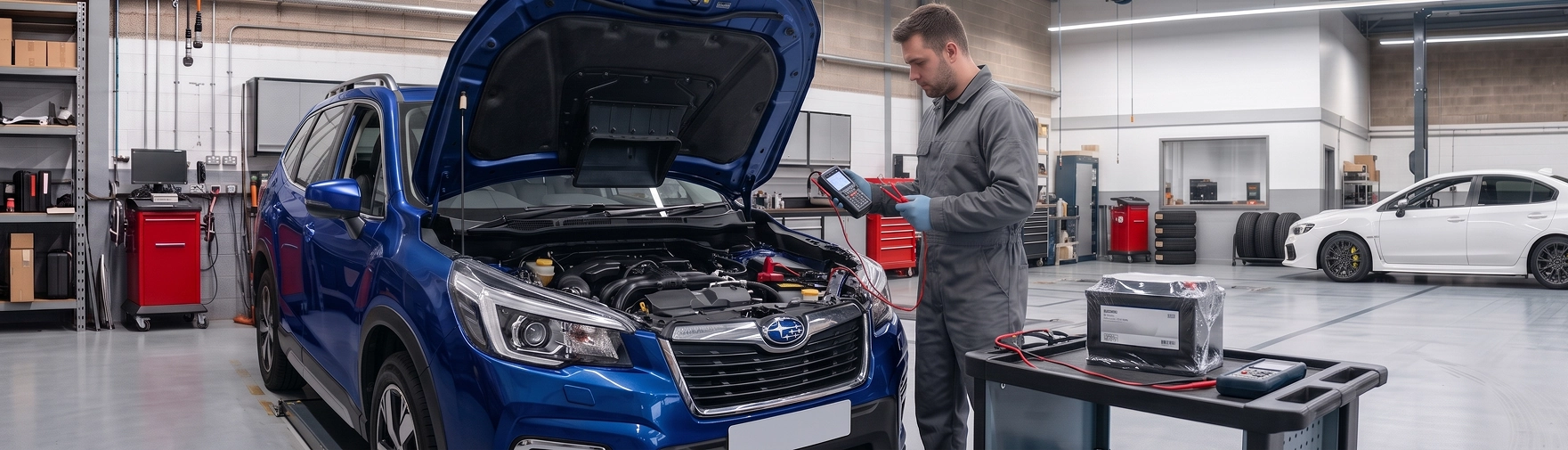 A Baldwin Subaru technician testing the battery of a blue Subaru Forester, with a boxed replacement battery waiting on the cart beside him
