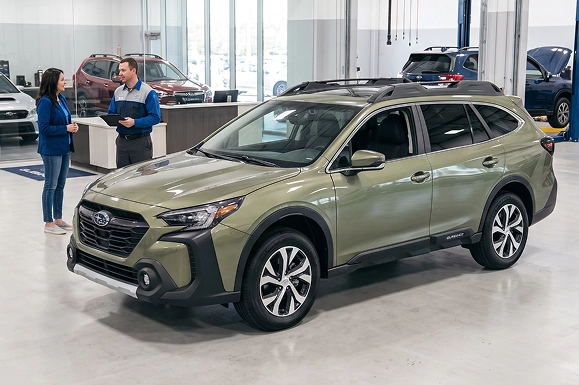 A service advisor and customer talking beside a green Subaru Outback on the Baldwin Subaru showroom floor