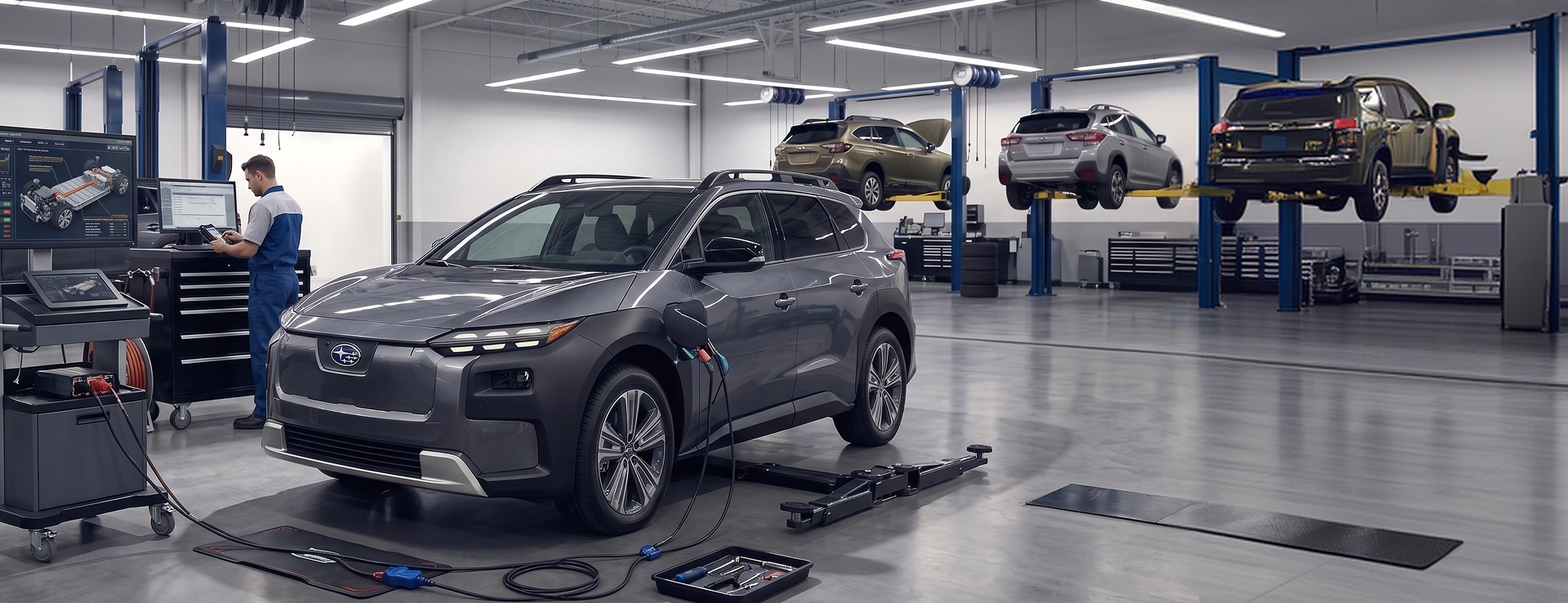 A gray Subaru Solterra in the Baldwin Subaru diagnostic bay while a technician reads its systems at a workstation, with three Subarus raised on lifts behind it