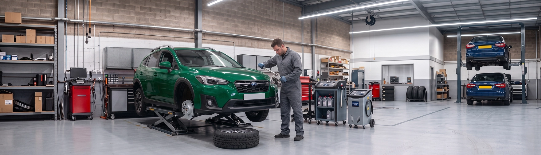 A green Subaru Crosstrek on a scissor lift while a Baldwin Subaru technician in gray coveralls works at the front brake, with brake fluid service machines standing nearby