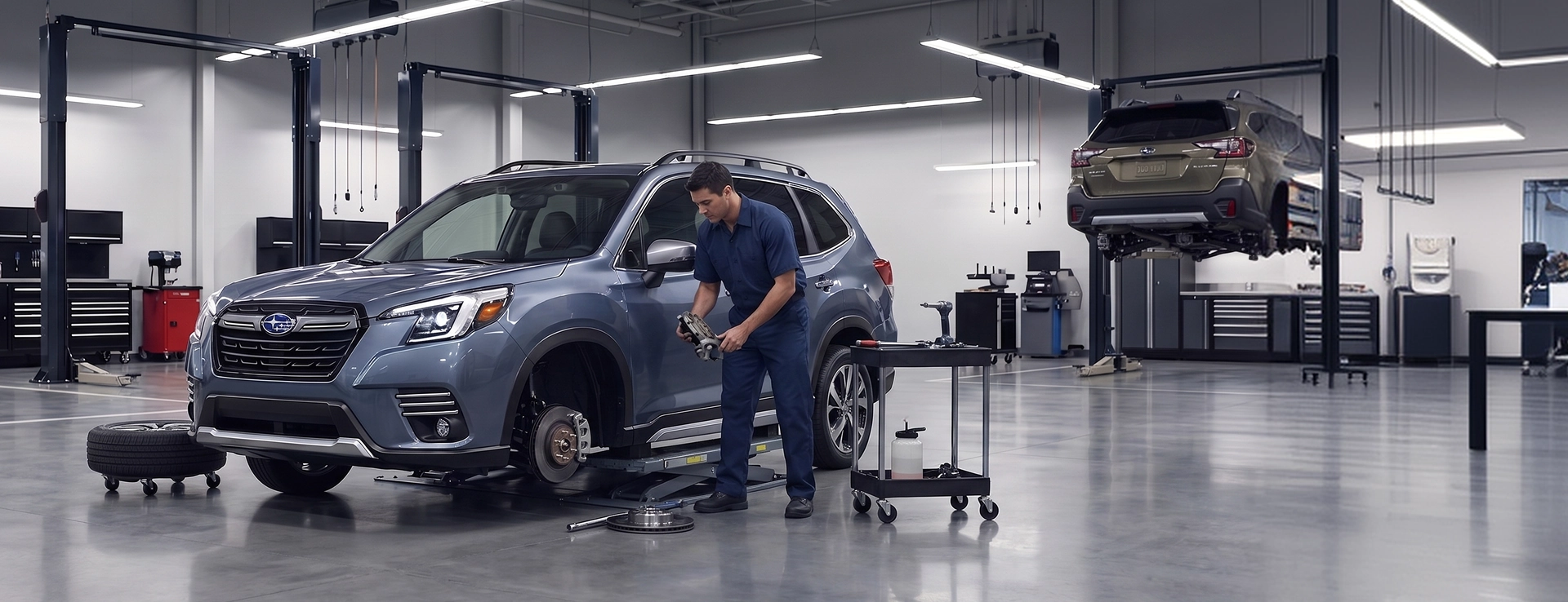 A Baldwin Subaru technician holding a brake caliper beside a light blue Subaru Forester with its front wheel removed, a Subaru Outback raised on a lift in the background