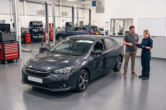 A Baldwin Subaru service advisor and technician going over diagnostic results on a tablet beside a gray Subaru Impreza