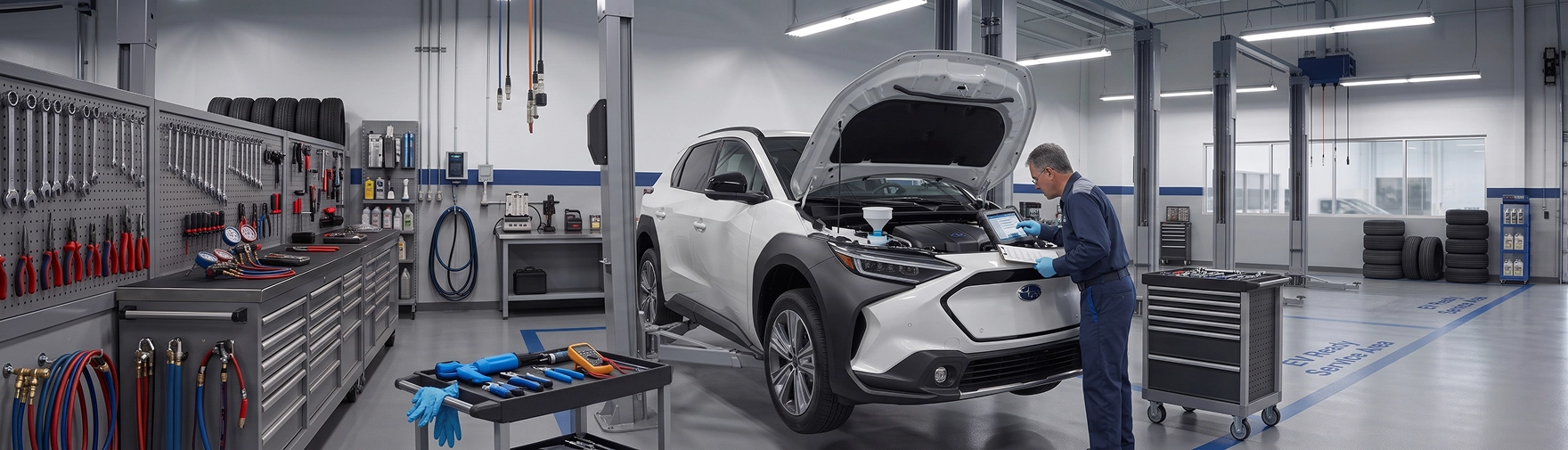 A white Subaru Solterra raised on a lift at Baldwin Subaru while a technician works through an inspection on a laptop, with tools and gloves laid out on the cart