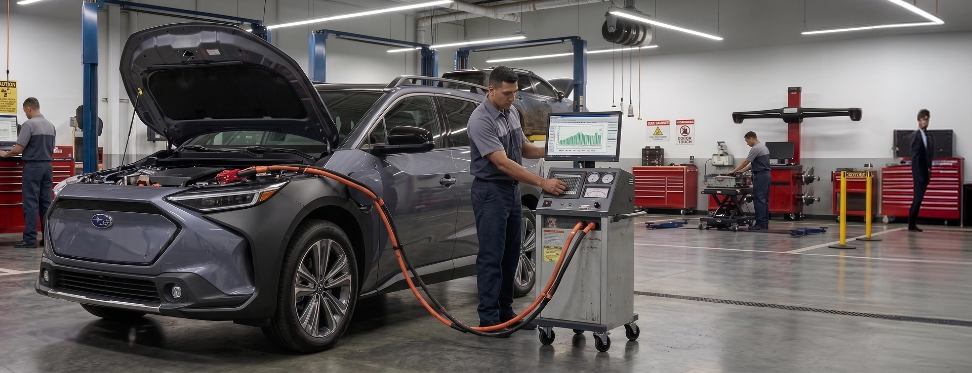 A Baldwin Subaru technician running a battery test on a gray Subaru Solterra with its hood raised, the diagnostic cart's screen showing the charge readout