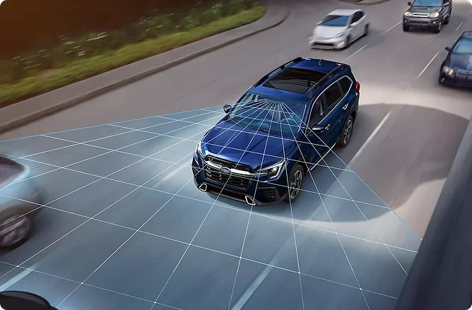 A blue Subaru Outback on a highway with EyeSight lane-tracking graphics overlaid
