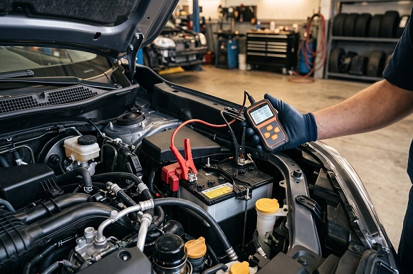 A close-up of a gloved Baldwin Subaru technician clamping a battery tester onto the terminals of a Subaru's battery