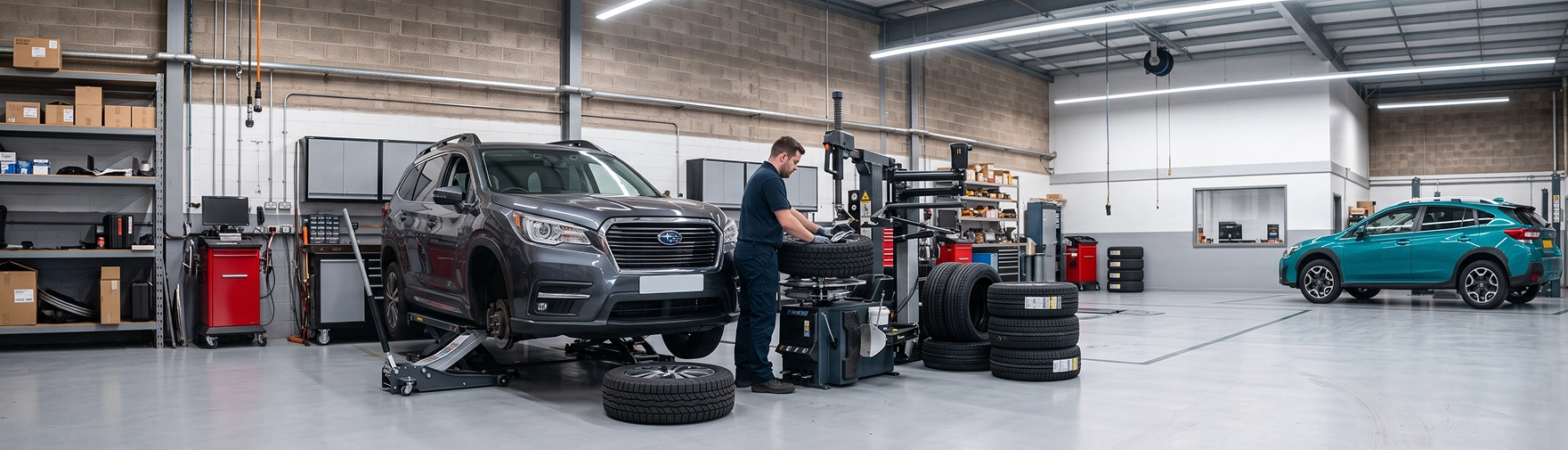A Baldwin Subaru technician mounting a tire at the tire machine beside a gray Subaru Ascent on a lift, with a teal Crosstrek parked across the shop