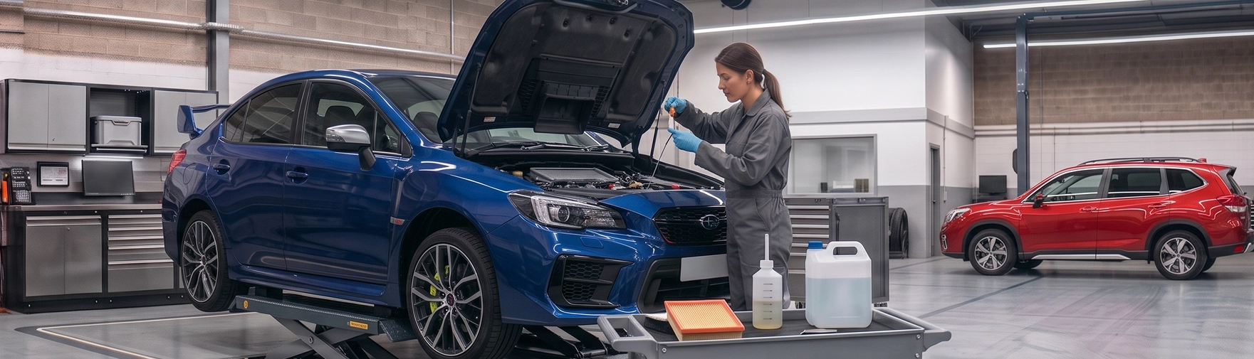 A blue Subaru WRX STI on a scissor lift while a Baldwin Subaru technician checks the dipstick, a new engine air filter and fresh fluids waiting on the cart