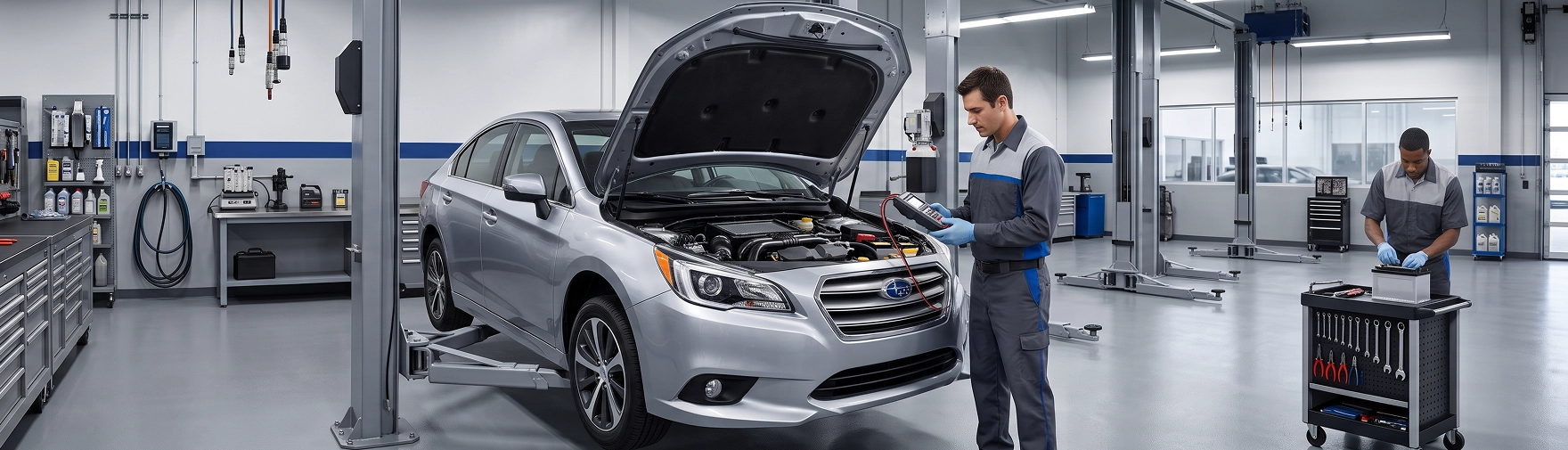 A Baldwin Subaru technician checking the battery of a silver Subaru Legacy with a handheld tester while a colleague carries a replacement battery across the shop
