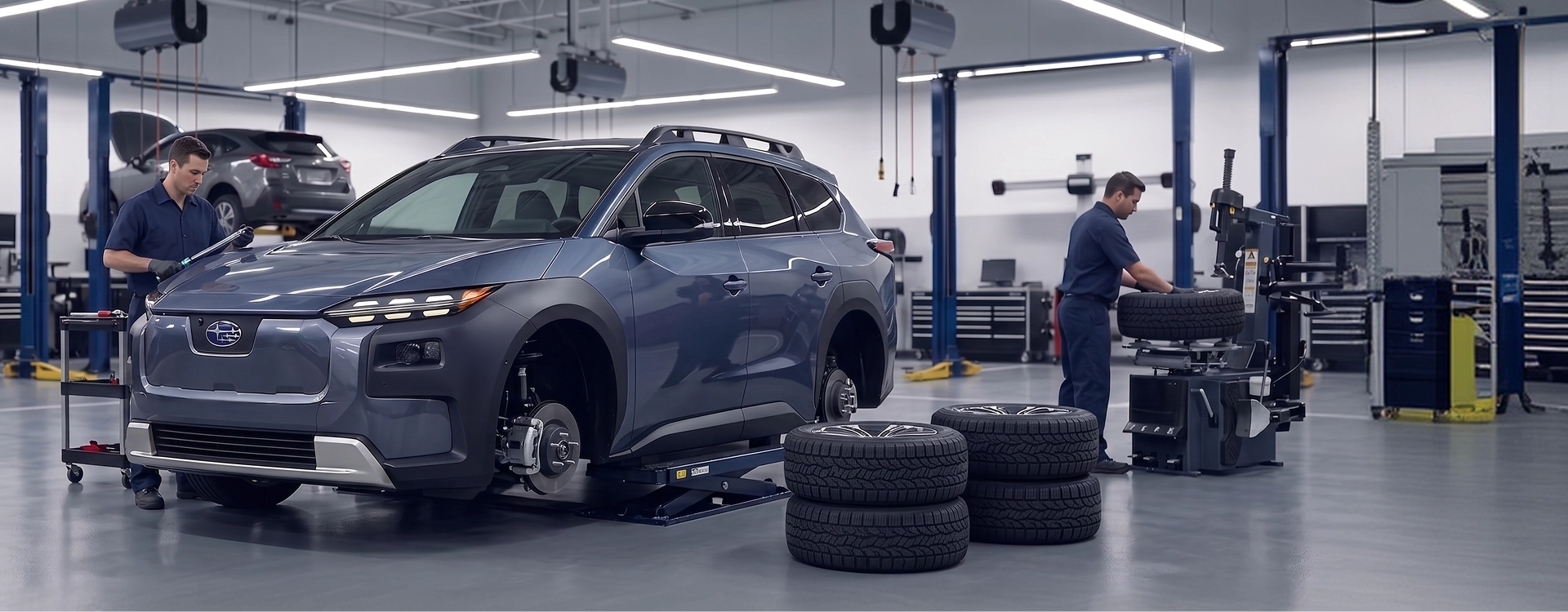 Two Baldwin Subaru technicians fitting new tires to a blue Subaru Solterra raised on a low-rise lift, one working at the tire machine while a stack of tires waits on the shop floor