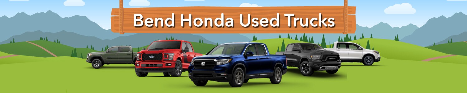 Bend Honda Used Trucks For Sale A group of trucks together in front of a mountain with a banner that says Bend Honda Used Trucks